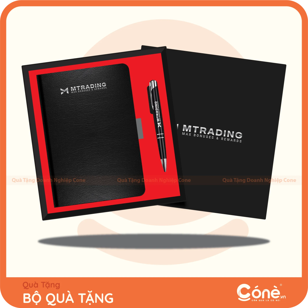 Bộ quà tặng Business Kit in logo MTrading gồm sổ tay và bút kim loại màu đen