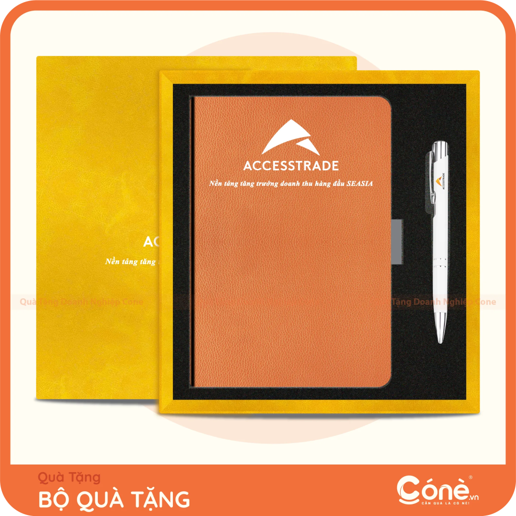Bộ quà tặng Business Kit in logo AccessTrade gồm sổ tay và bút kim loại