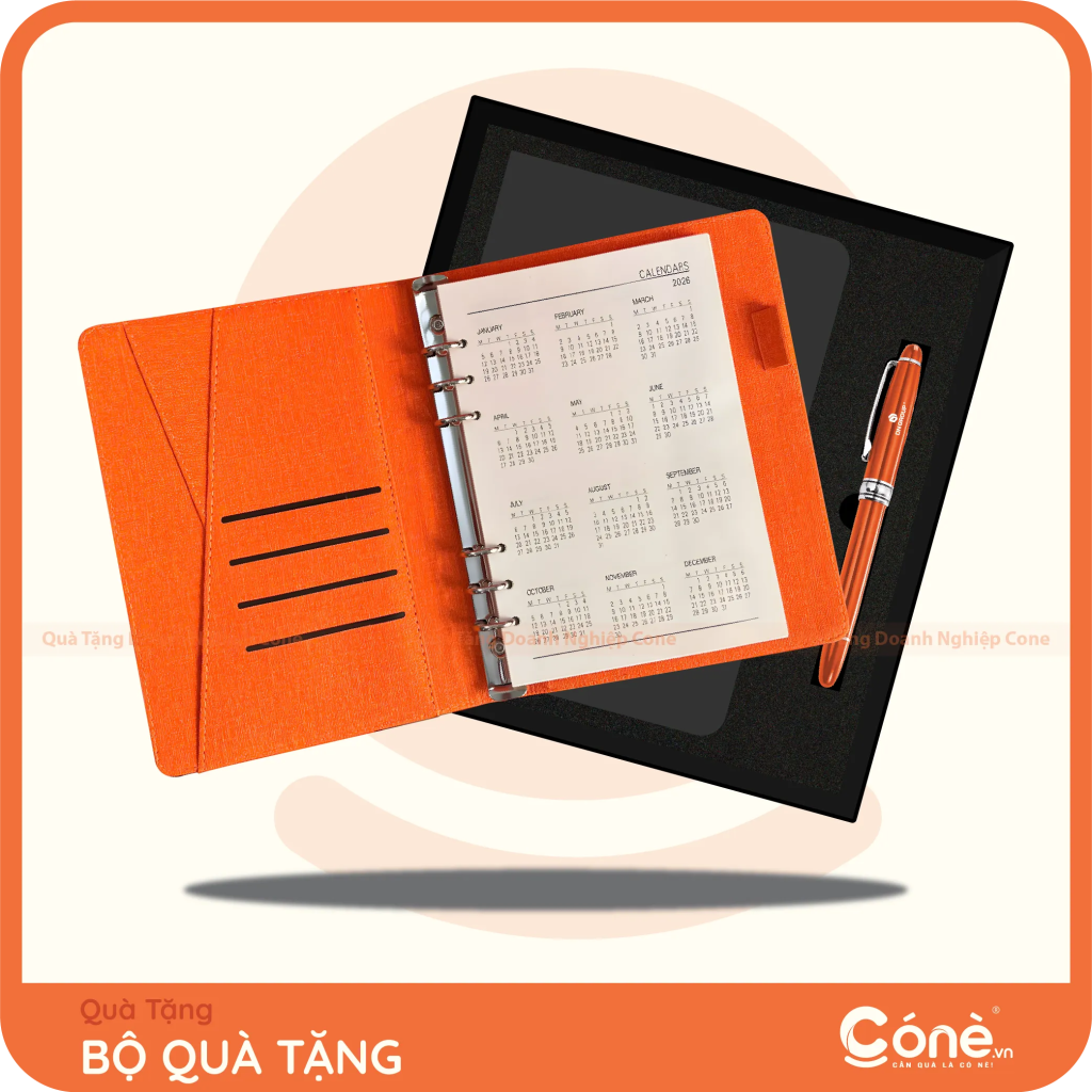 Bộ quà tặng Business Kit gồm sổ tay bìa còng và bút kim loại màu cam