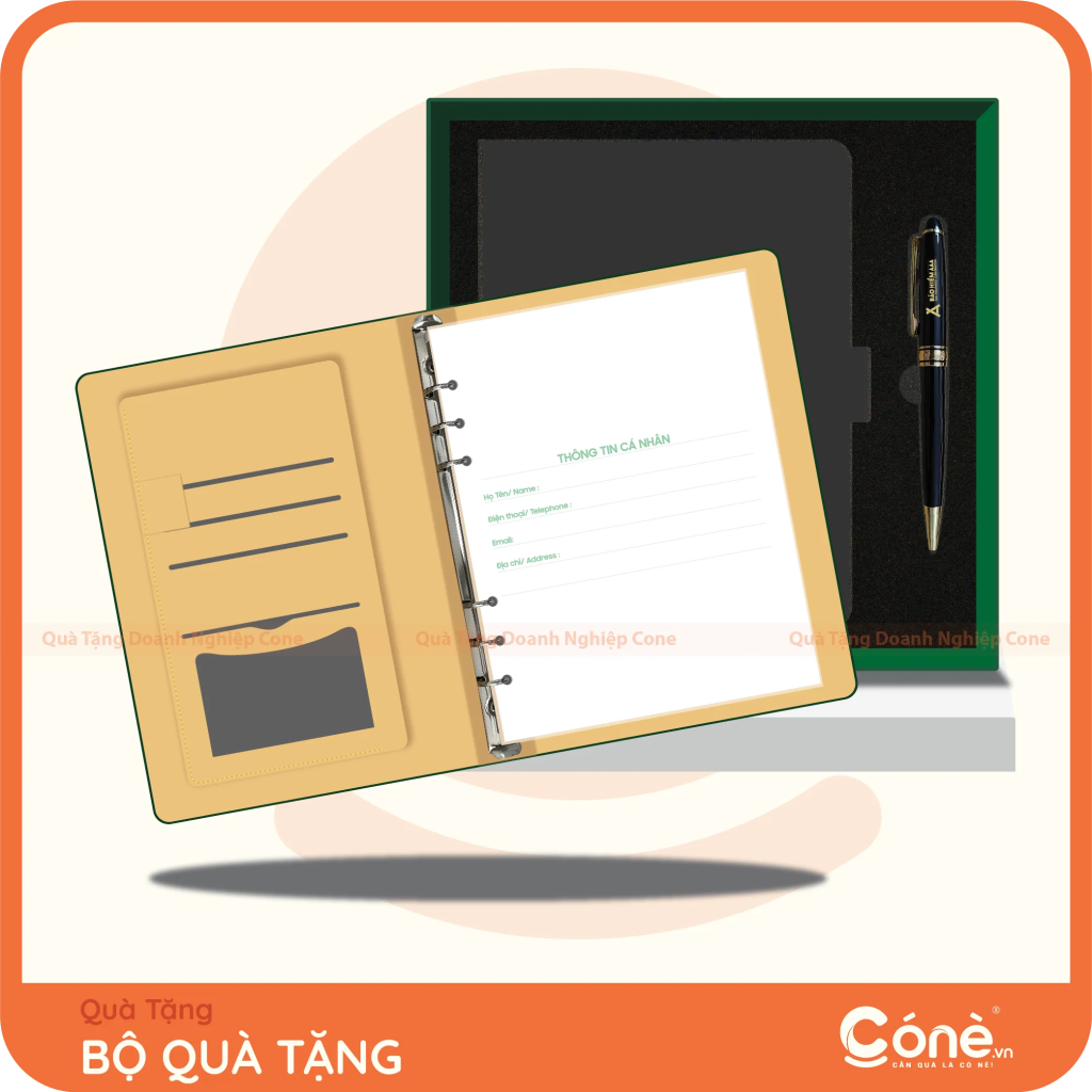 Bộ quà tặng Business Kit gồm sổ tay bìa còng và bút kim loại in logo Hoàng Hà