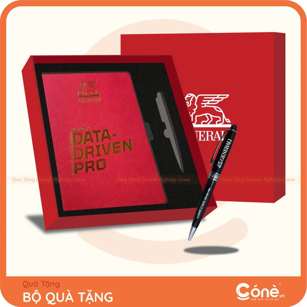 Bộ quà tặng Business Kit in logo Generali gồm sổ tay và bút kim loại màu đỏ đen