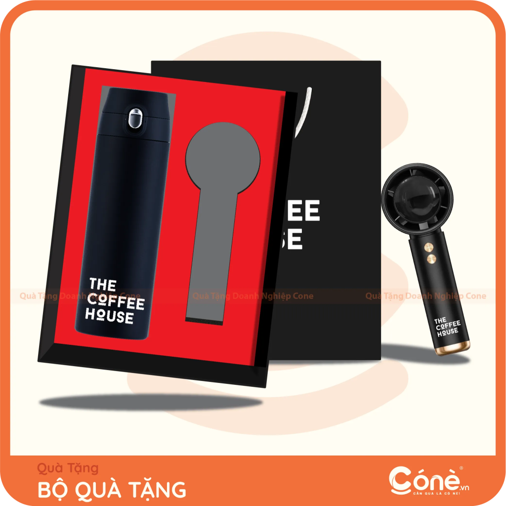 Bộ quà tặng Signature in logo The Coffee House gồm ly giữ nhiệt và quạt cầm tay màu đen