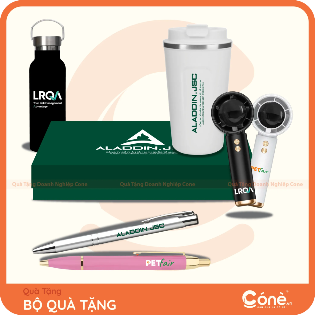 Bộ quà tặng Signature gồm ly giữ nhiệt, quạt cầm tay và bút kim loại in logo doanh nghiệp
