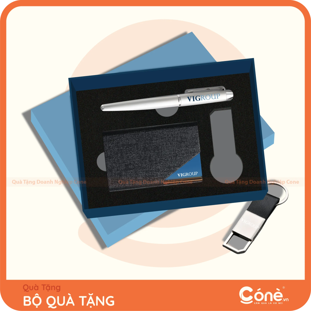 Bộ quà tặng All-in-One in logo VIGROUP gồm hộp danh thiếp, bút kim loại và móc khóa