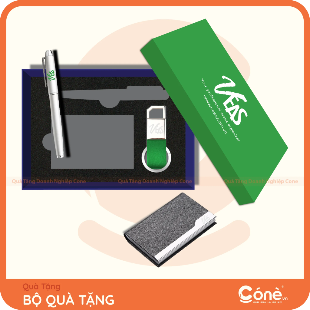 Bộ quà tặng All-in-One in logo VEAS gồm hộp danh thiếp, bút kim loại và móc khóa