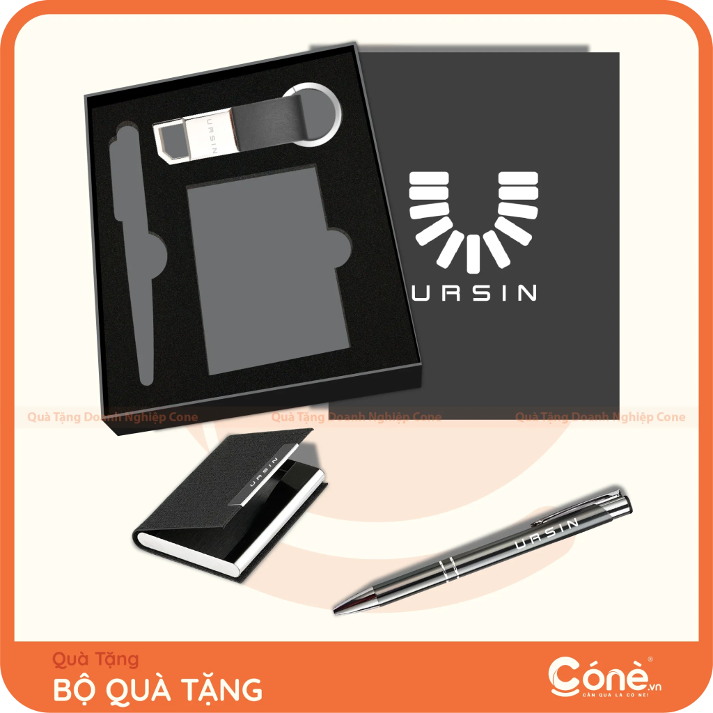 Bộ quà tặng All-in-One in logo Ursin gồm hộp danh thiếp, bút kim loại và móc khóa