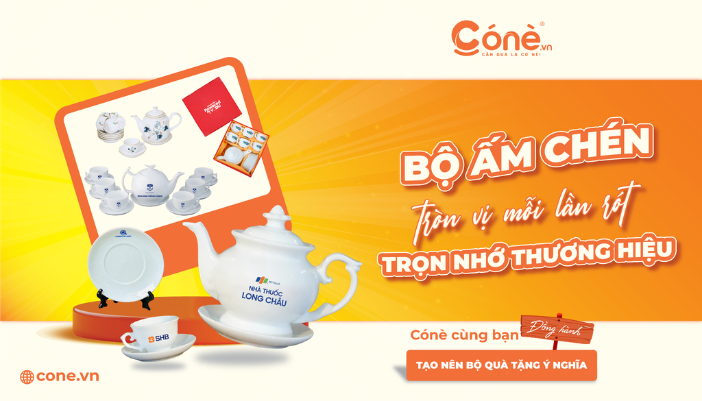 Banner quà tặng bộ ấm chén in thương hiệu tròn vị mỗi lần rót