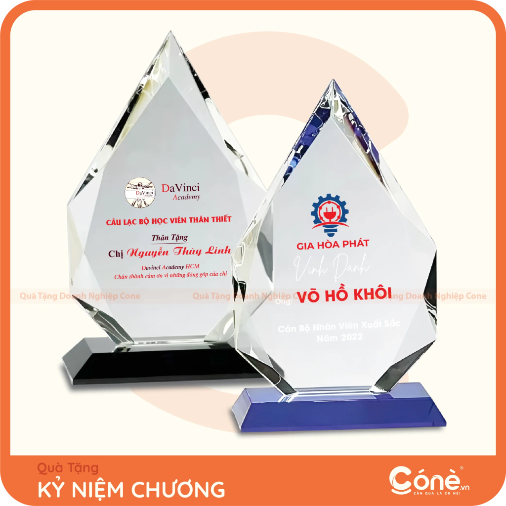 Kỷ niệm chương pha lê in logo DaVinci Academy và Gia Hòa Phát