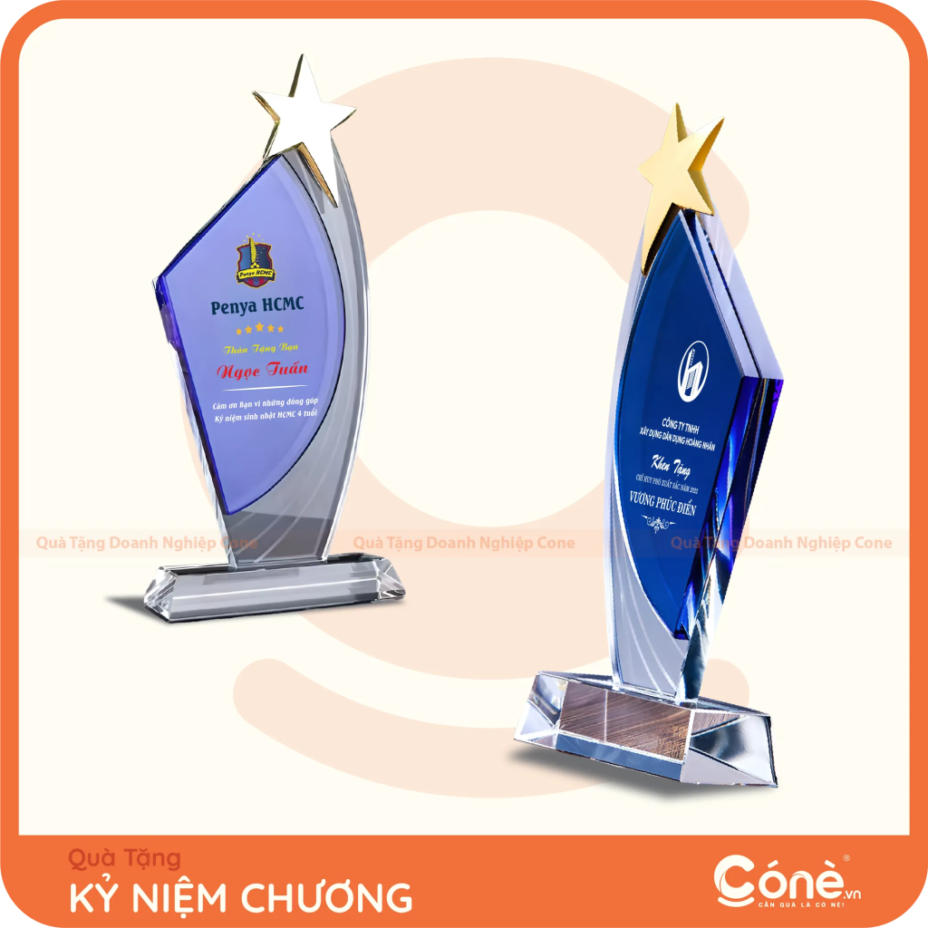 Kỷ niệm chương pha lê ngôi sao in logo doanh nghiệp màu xanh