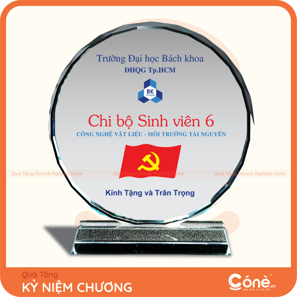 Kỷ niệm chương Dấu Ấn pha lê tròn in logo Trường Đại học Bách Khoa TP.HCM