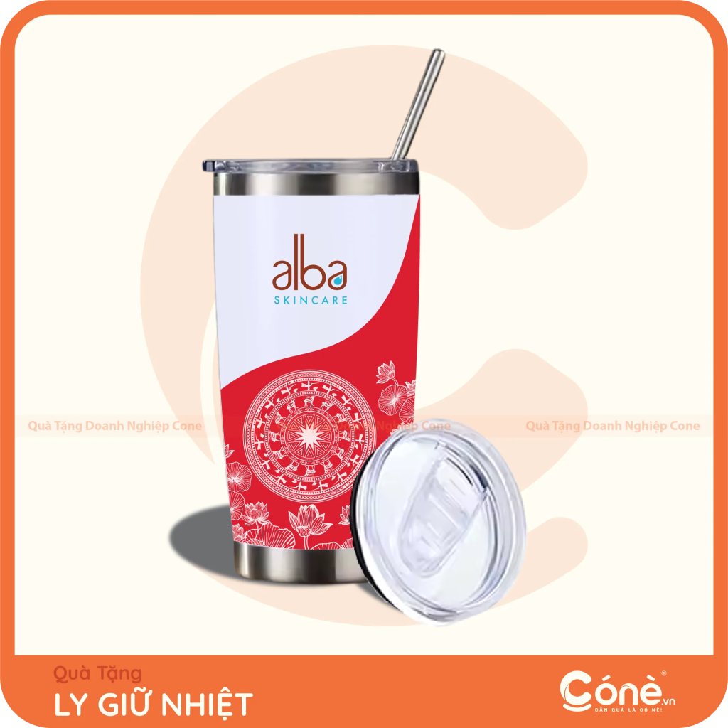 Ly giữ nhiệt 600ml có ống hút in logo Alba Skincare kèm họa tiết trống đồng đỏ