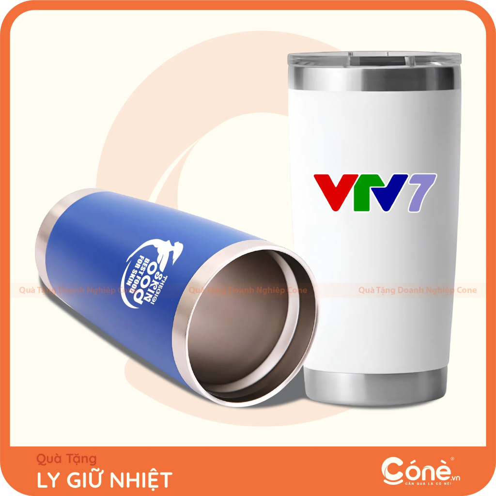 Ly giữ nhiệt 600ml màu trắng in logo VTV7 và xanh in logo The Ocean Resort