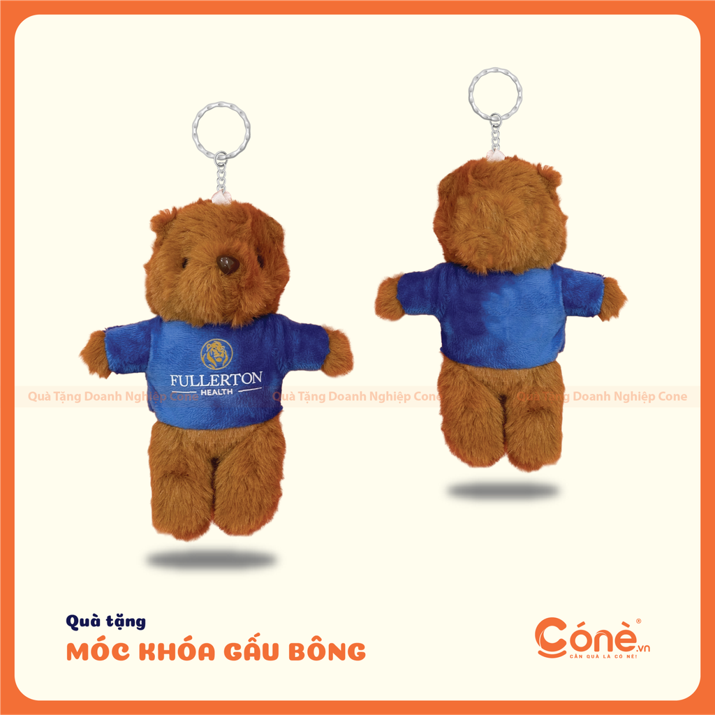 Móc khóa gấu bông áo xanh in logo mặt trước và mặt sau
