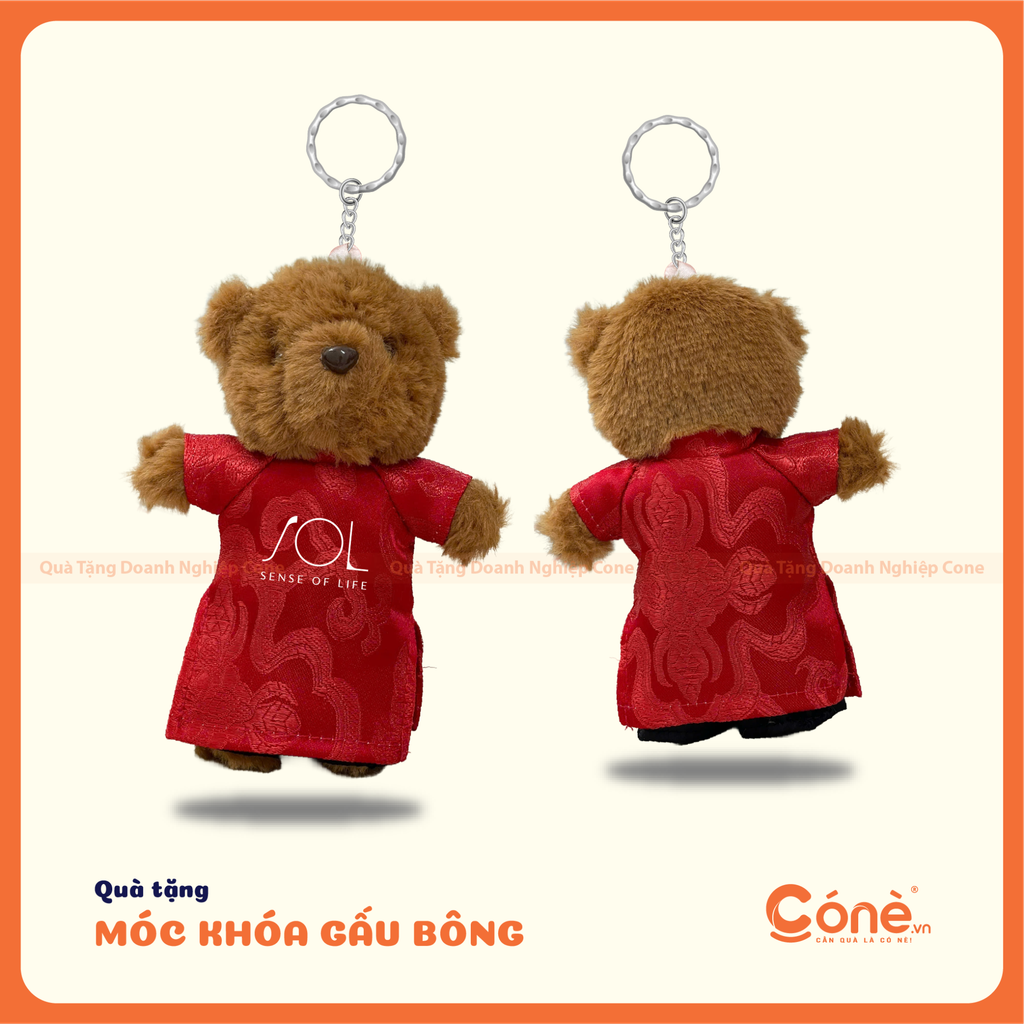 Móc khóa gấu bông áo đỏ in logo mặt trước và mặt sau