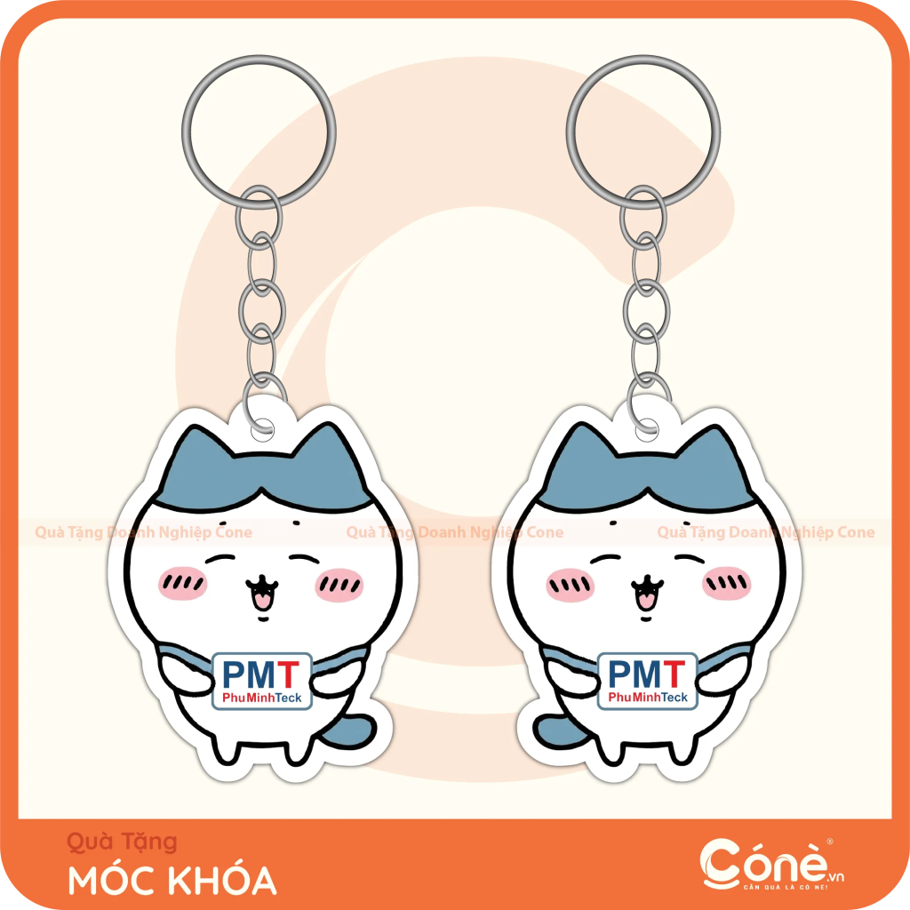 Móc khóa theo yêu cầu in logo Phú Minh Teck hình mèo hoạt hình