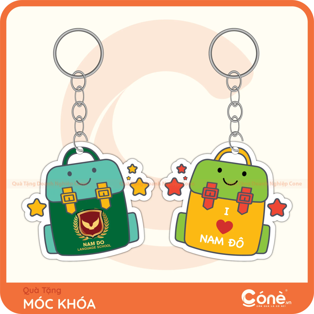 Móc khóa theo yêu cầu in logo Nam Đô Language School hình balo