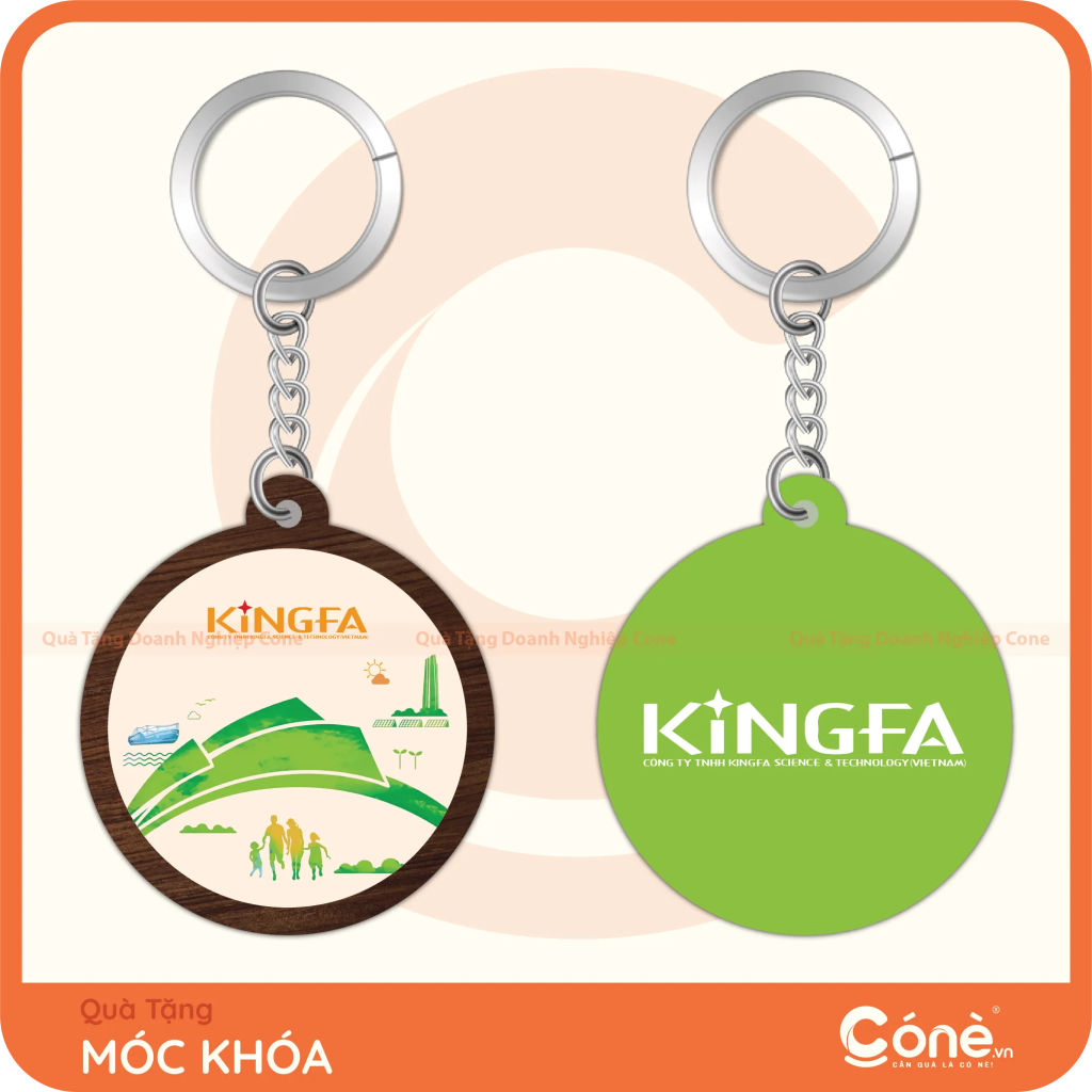 Móc khóa gỗ in logo Kingfa hình tròn màu xanh lá