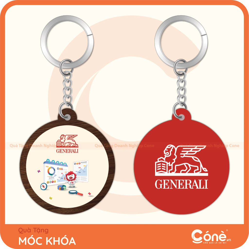 Móc khóa gỗ in logo Generali hình tròn màu đỏ