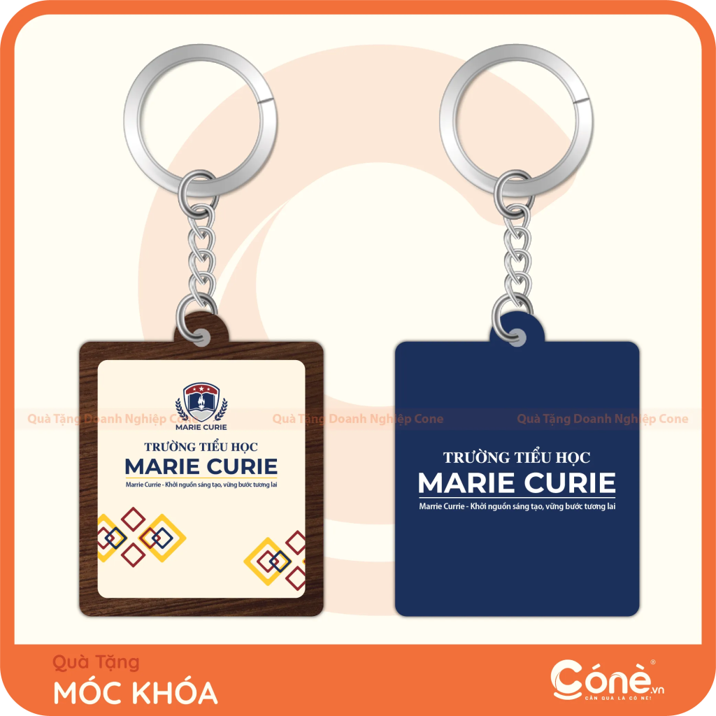 Móc khóa gỗ in logo Trường Tiểu học Marie Curie hình chữ nhật