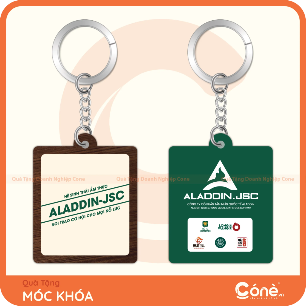 Móc khóa gỗ in logo Aladdin JSC hình chữ nhật màu xanh lá