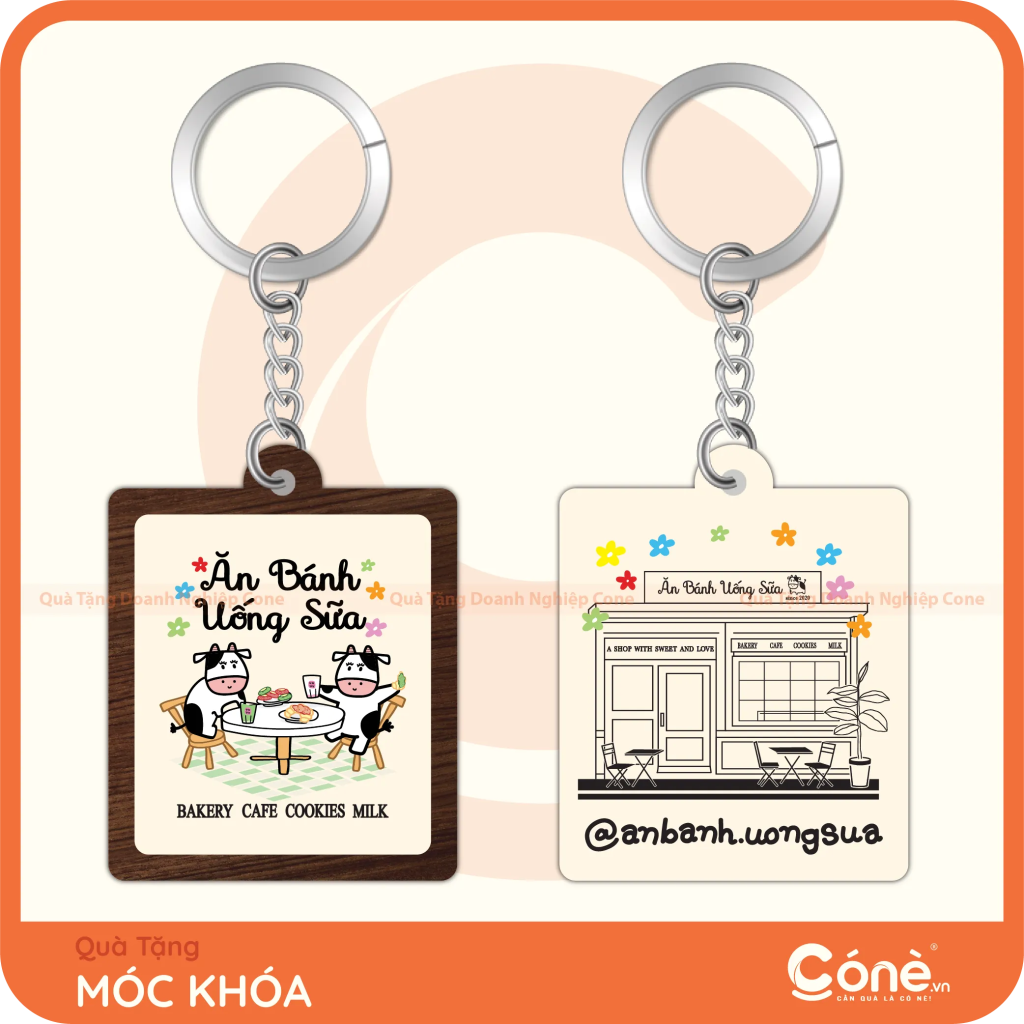 Móc khóa gỗ in logo Ăn Bánh Uống Sữa hình chữ nhật