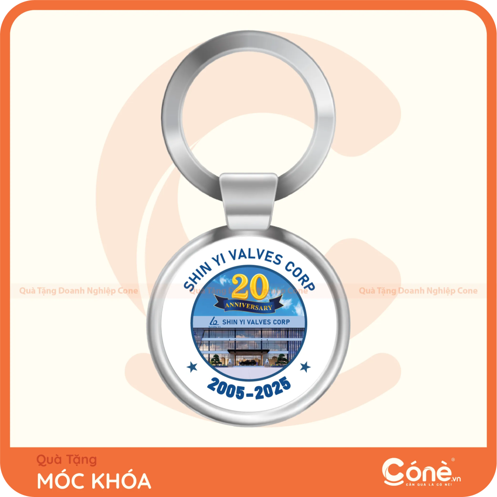 Móc khóa theo yêu cầu in logo Shin Yi Valves Corp kỷ niệm 20 năm