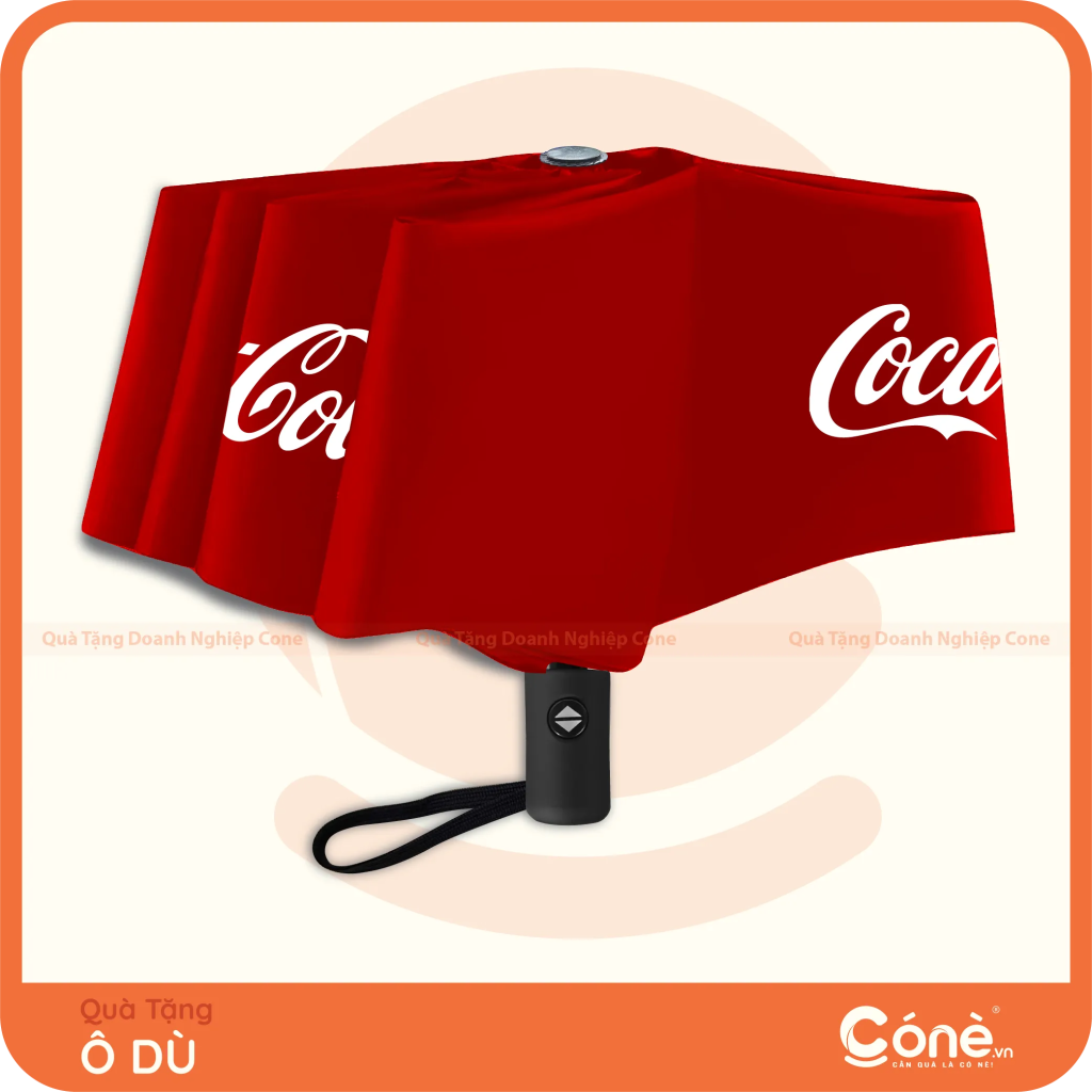 Ô Dù gấp 3 màu đỏ đang gấp gọn in logo Coca-Cola