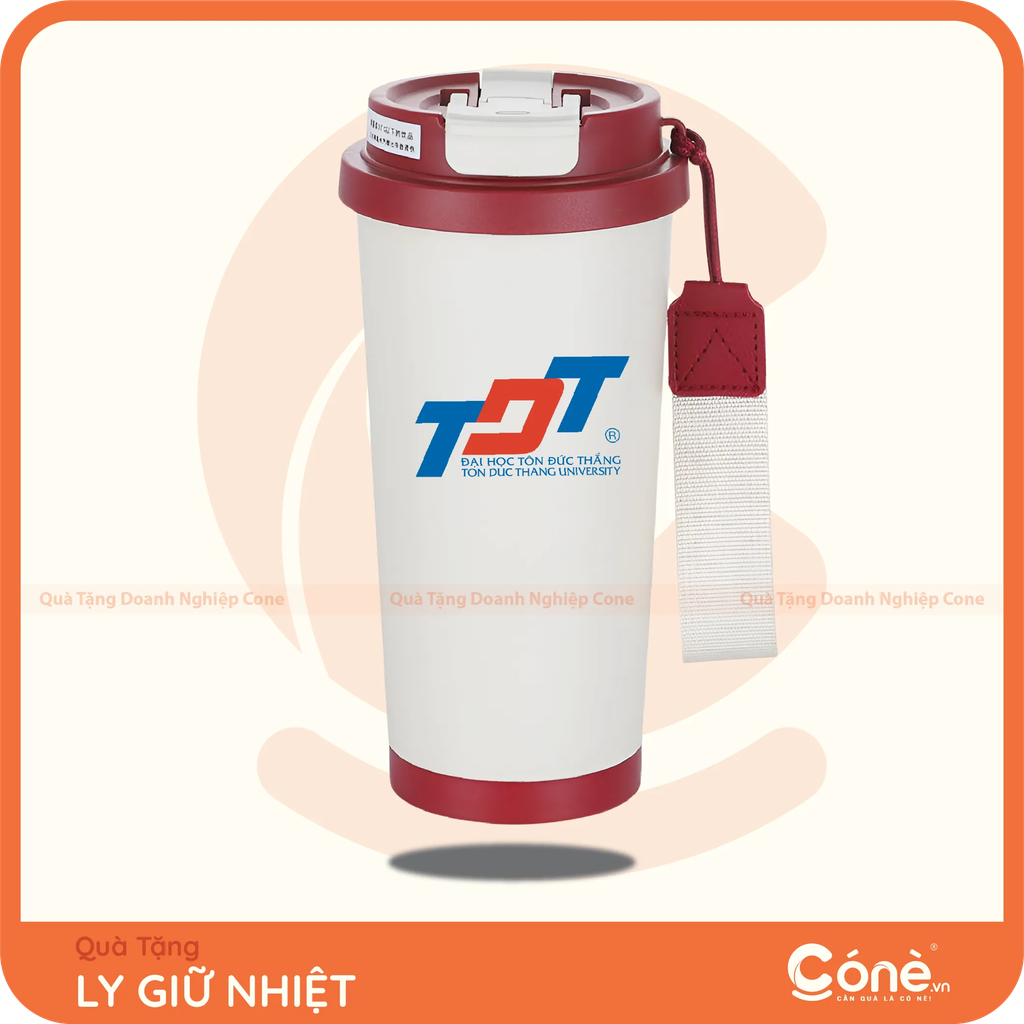 Ly giữ nhiệt phối trắng đỏ có quai vải in logo Đại học Tôn Đức Thắng làm quà tặng tuyển sinh