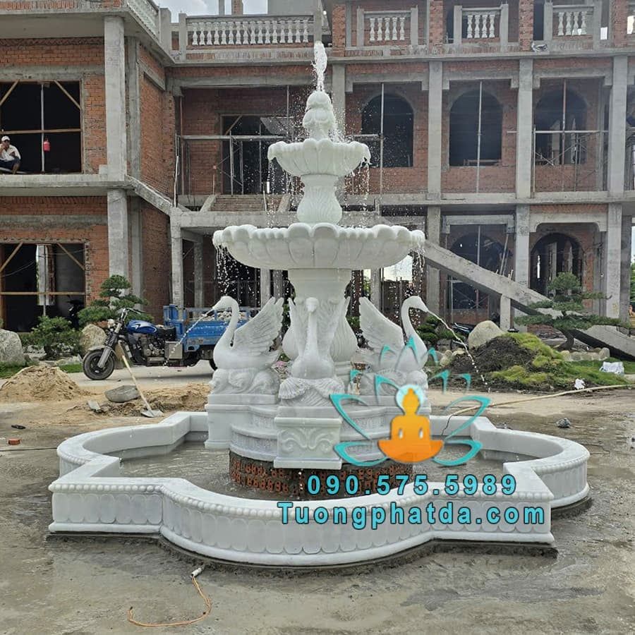 Đài Phun Nước Thiên Nga Đá Cẩm Thạch Trắng Đẹp