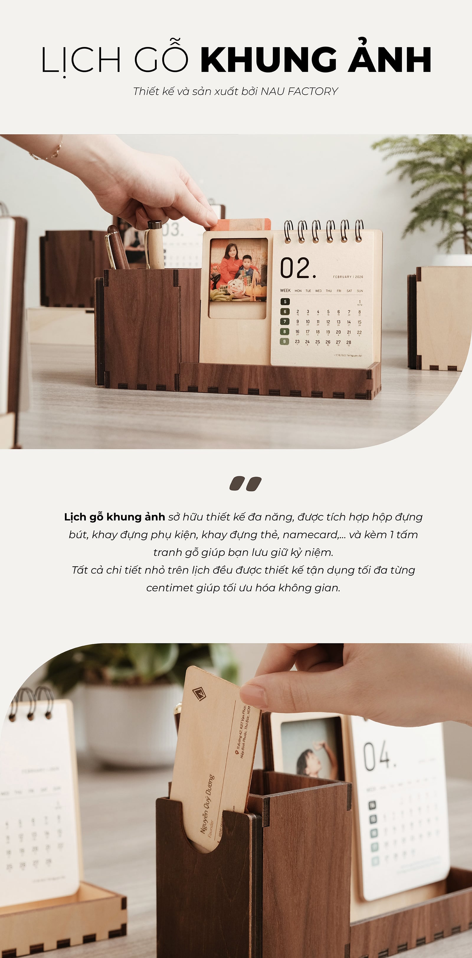 Lịch gỗ khung ảnh 2026 Walnut phối Beech