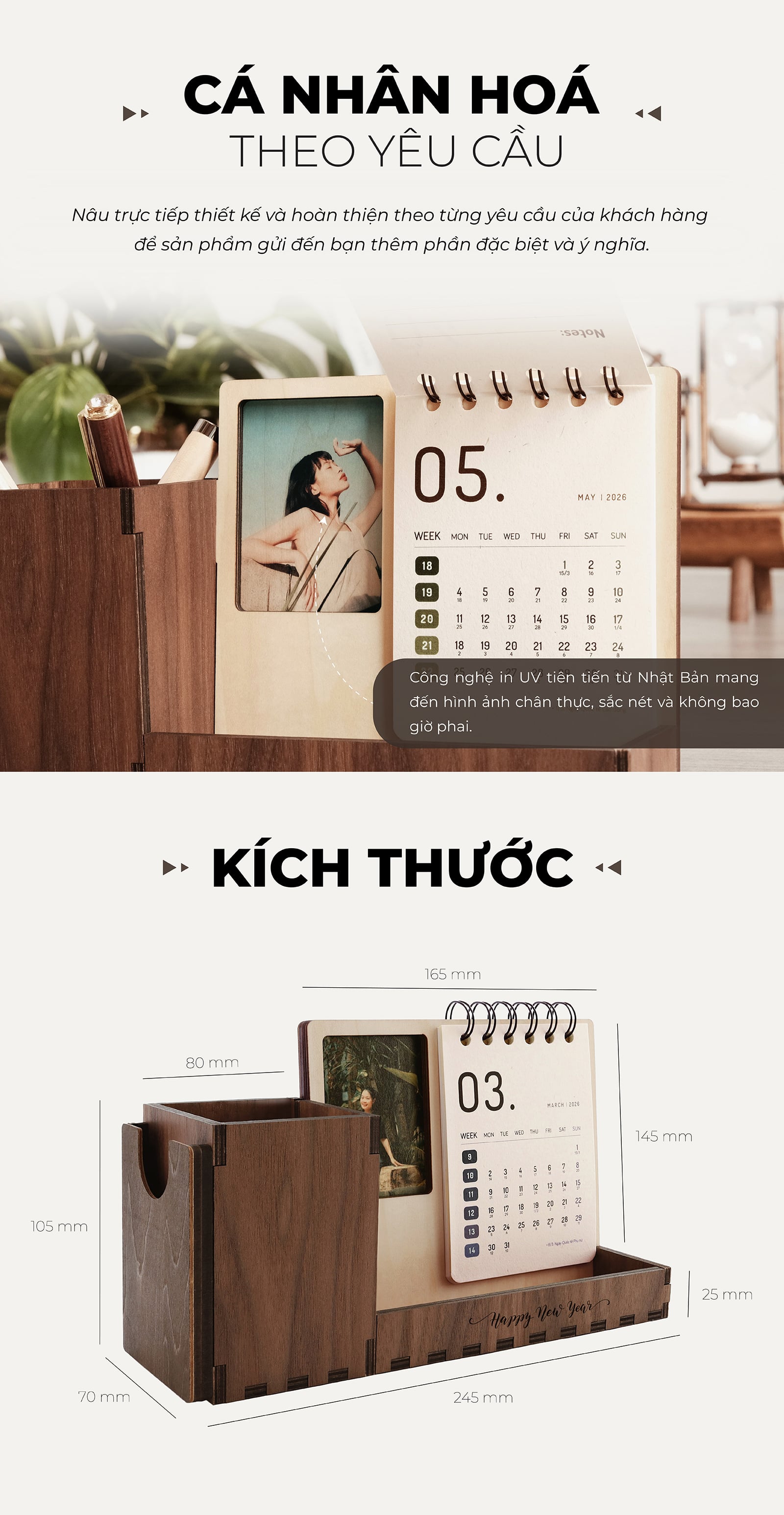 Lịch gỗ khung ảnh 2026 Walnut phối Beech