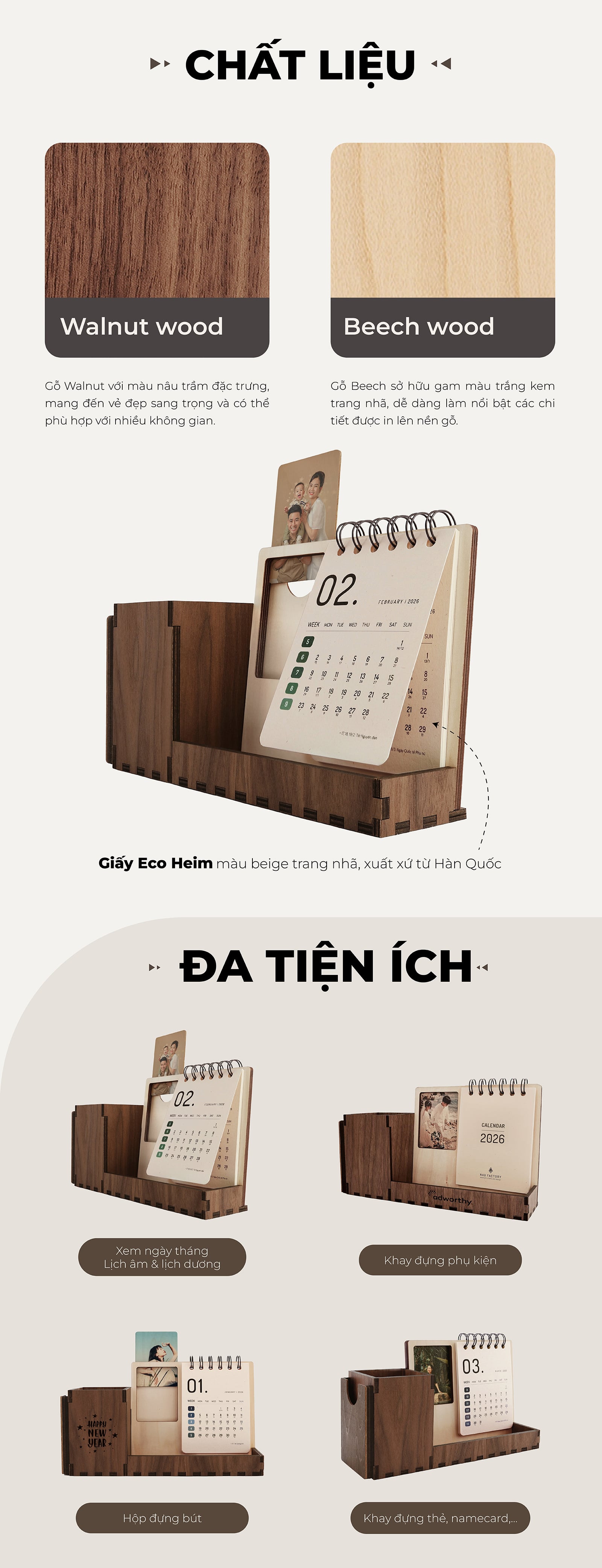 Lịch gỗ khung ảnh 2026 Walnut phối Beech
