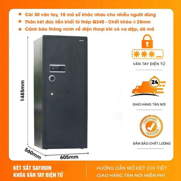 Két sắt nhập khẩu Safiron 150LS khóa vân tay điện tử – thép Q345 liền khối, cảnh báo điện thoại thông minh