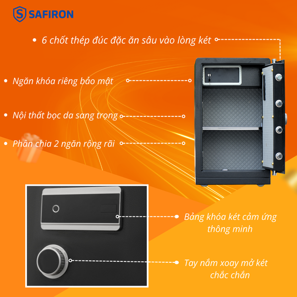 Két sắt nhập khẩu Safiron 80LS khóa vân tay điện tử – thép Q345 liền khối, cảnh báo điện thoại thông minh