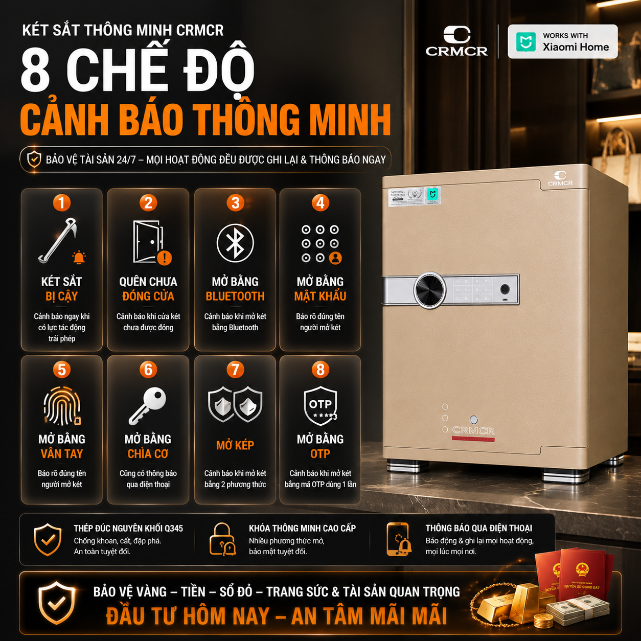 Tám chế độ thông minh nhận cảnh báo qua điện thoại.