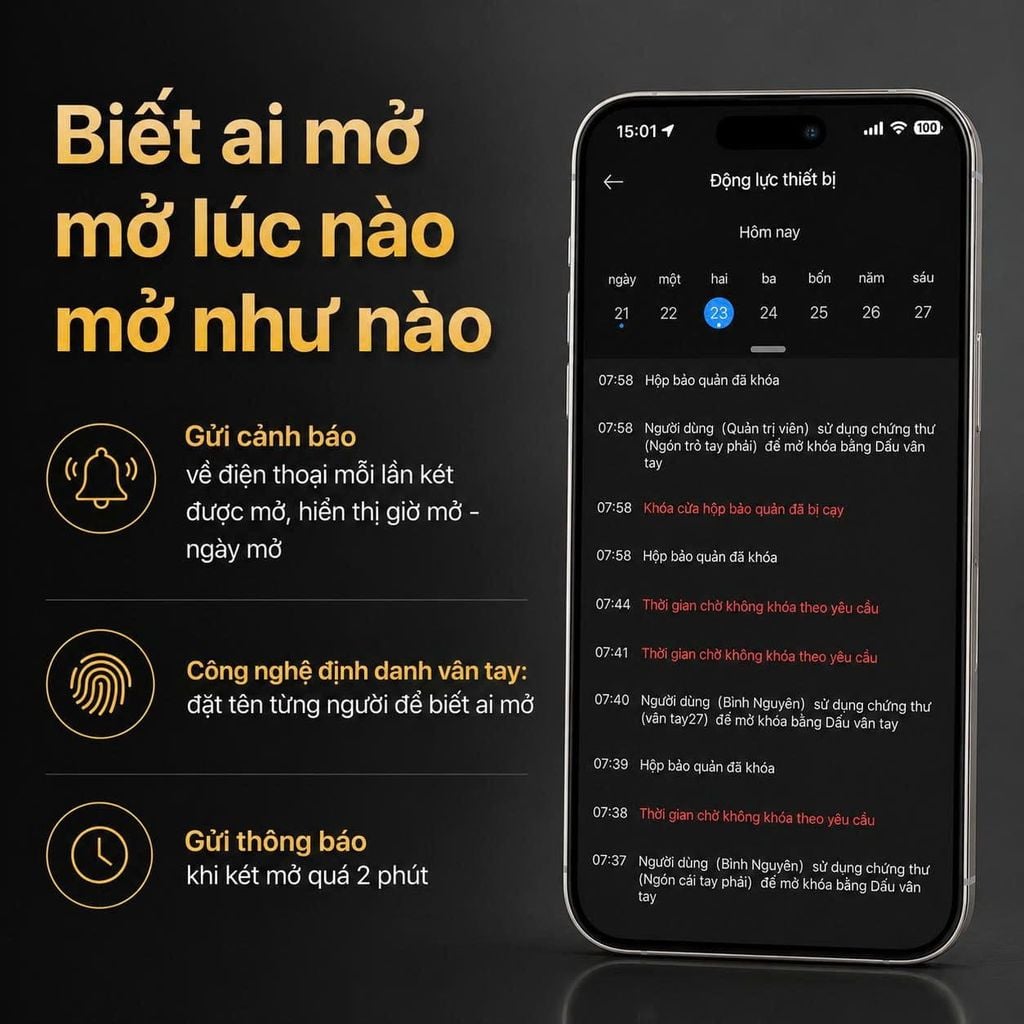 Két Sắt Xiaomi CRMCR 60MS Khóa Vân Tay Điện Tử, Cảnh báo điện thoại