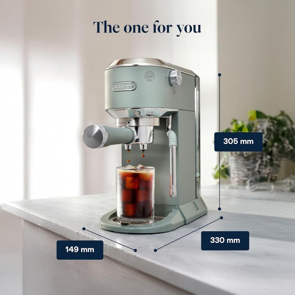 Thiết kế nhỏ gọn của máy pha cafe hiệu quả nhất Delonghi EC890 GR Dedica Duo màu xanh lá