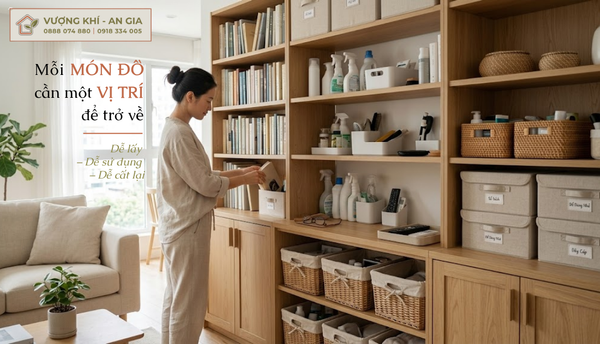 Đồ dùng trong tủ được phân khu rõ ràng để mỗi món có vị trí lưu trữ phù hợp
