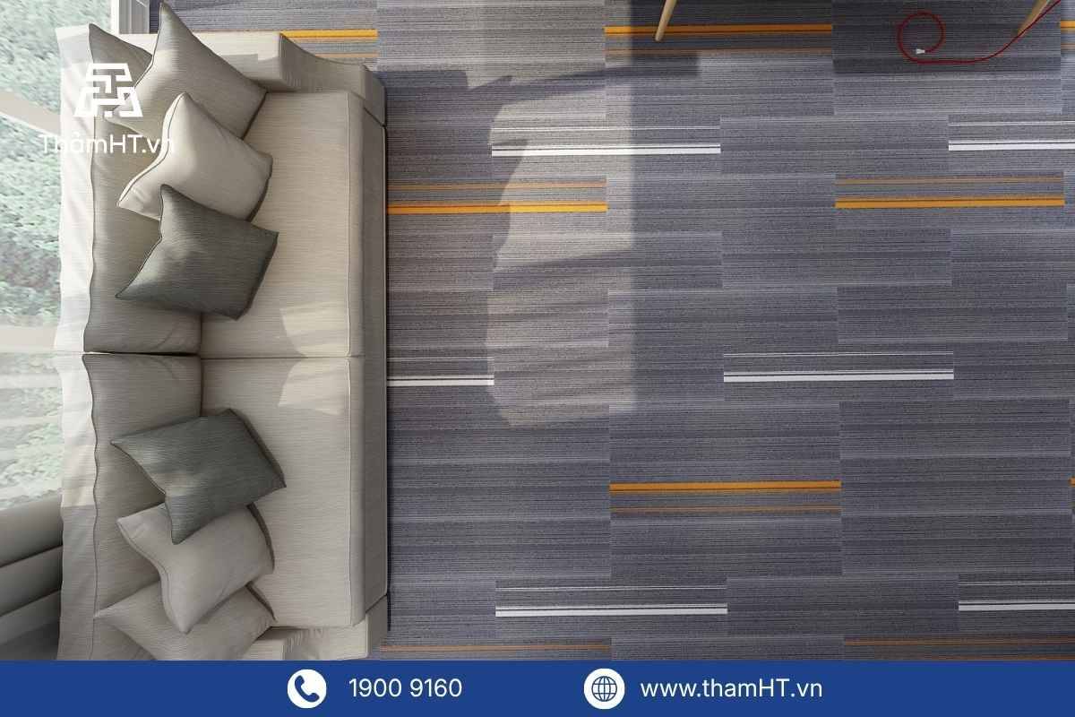 Thảm trải sàn văn phòng chống cháy theo tiêu chuẩn ISO 11925-2:2020 - Thảm tấm văn phòng 25x100 - mã DOMAIN sọc Cam