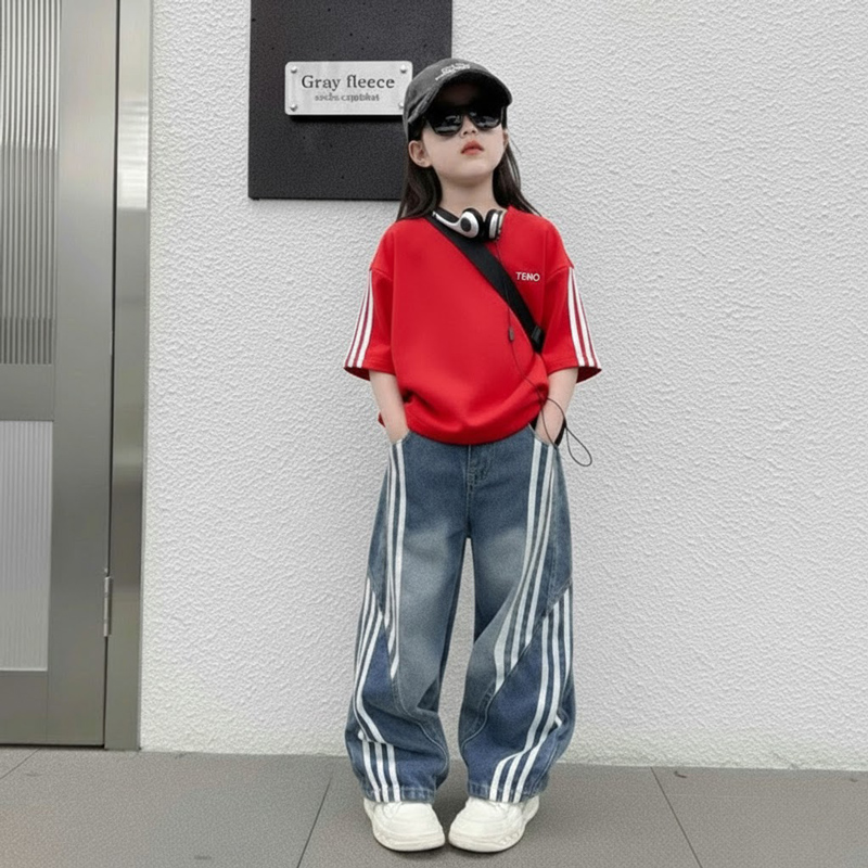 Bộ jean dài bé gái phối sọc