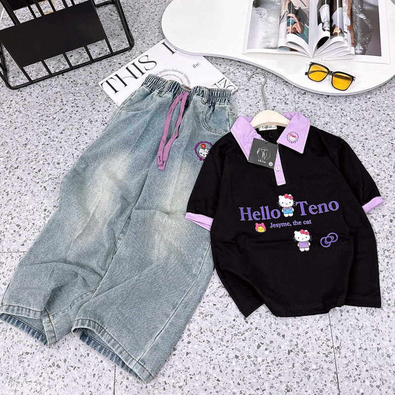 Bộ jean dài cổ trụ bé gái Hello Kitty