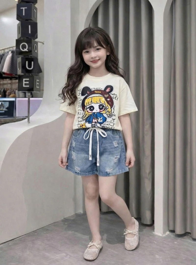 Bộ jean ngố bé gái cô gái tóc vàng