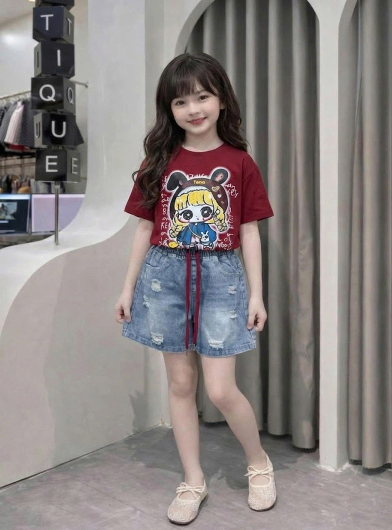 Bộ jean ngố bé gái cô gái tóc vàng