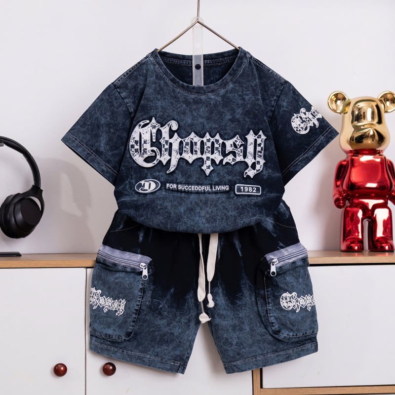 Bộ thun bé trai wash đá chữ nổi Chopsy