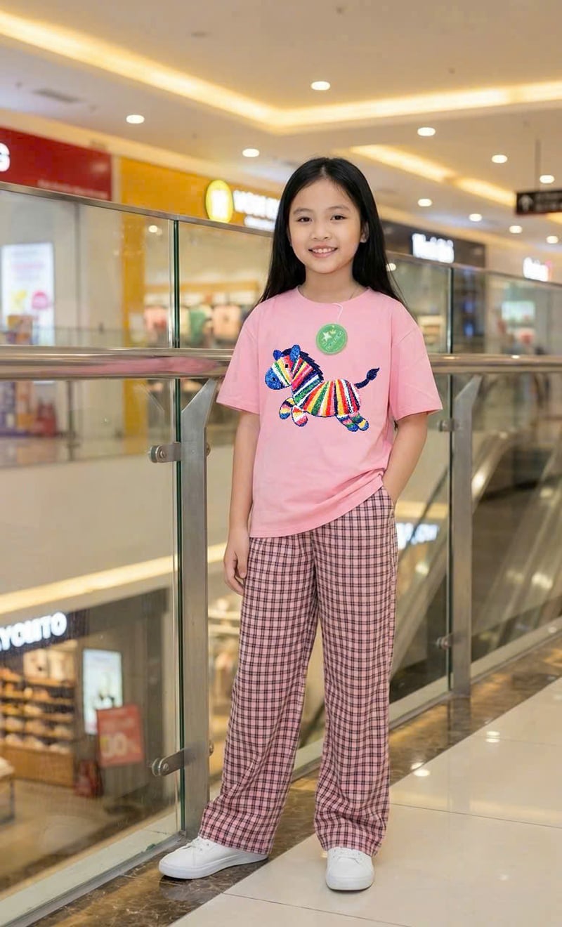Bộ thun dài bé gái caro hình ngựa.