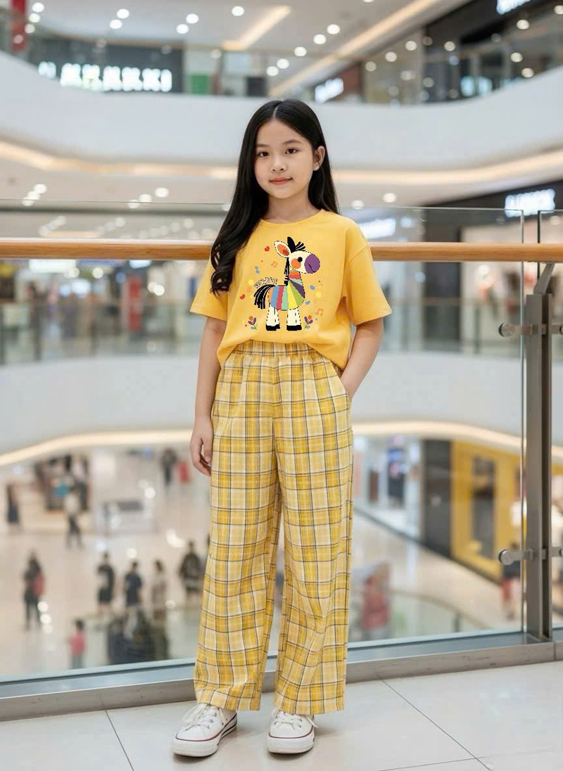 Bộ thun dài bé gái caro hình ngựa.