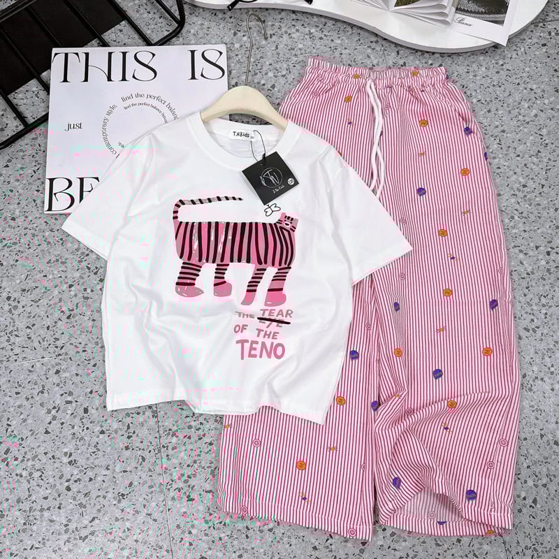 Bộ thun dài bé gái mèo sọc Teno