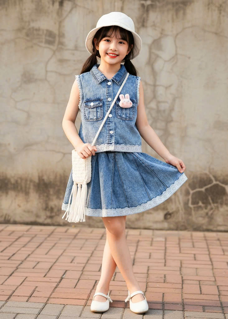 Bộ váy jean bé gái thỏ hồng