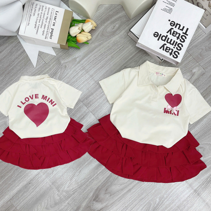 bộ váy tầng bé gái cổ trụ tim