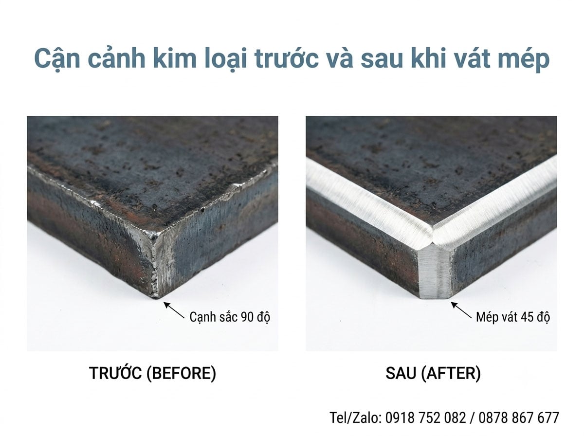 Cận cảnh kim loại trước và sau khi vát mép